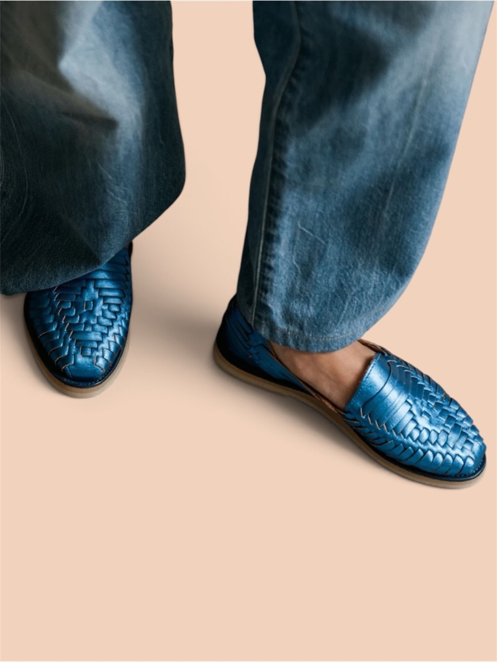 Woven Leather Slip-On Flats in Metallic Blue